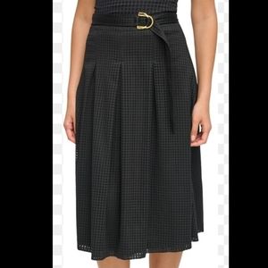 nwt DONNA KARAN lattice lace belted skirt 12 black rustic chic midi Large new
